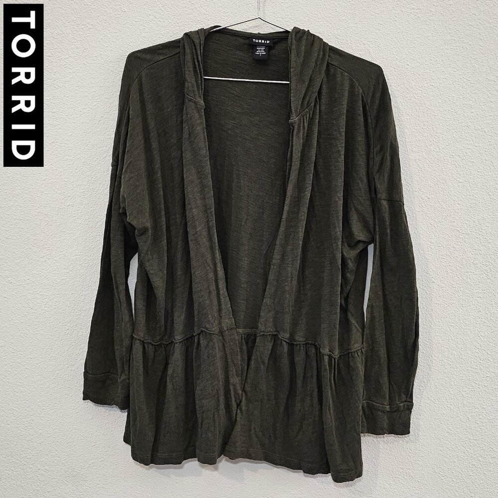 TORRID 1 Olive Green Lightweight Open Front Hoodie Cardigan Plus Size 14/16 1X